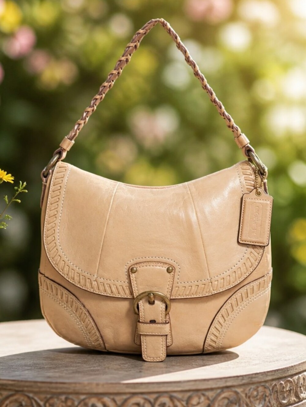 COACH VINTAGE POPPY LEATHER WHIPSTITCH BIG BUCKLE SOHO HOBO w BRAIDED STRAP
